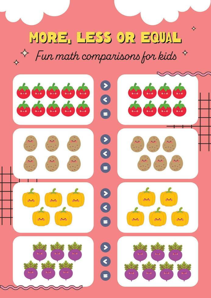 flat design vector counting more less equal counting printable worksheet for kids activity