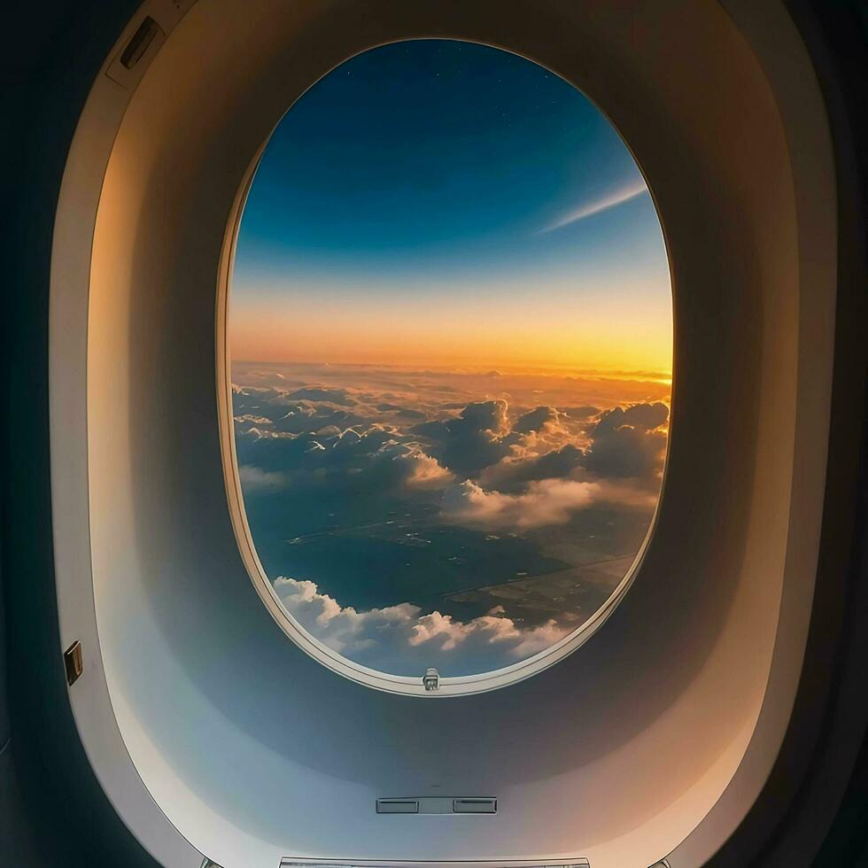 A sky is seen through the window of the Airplane, Ai Generative photo