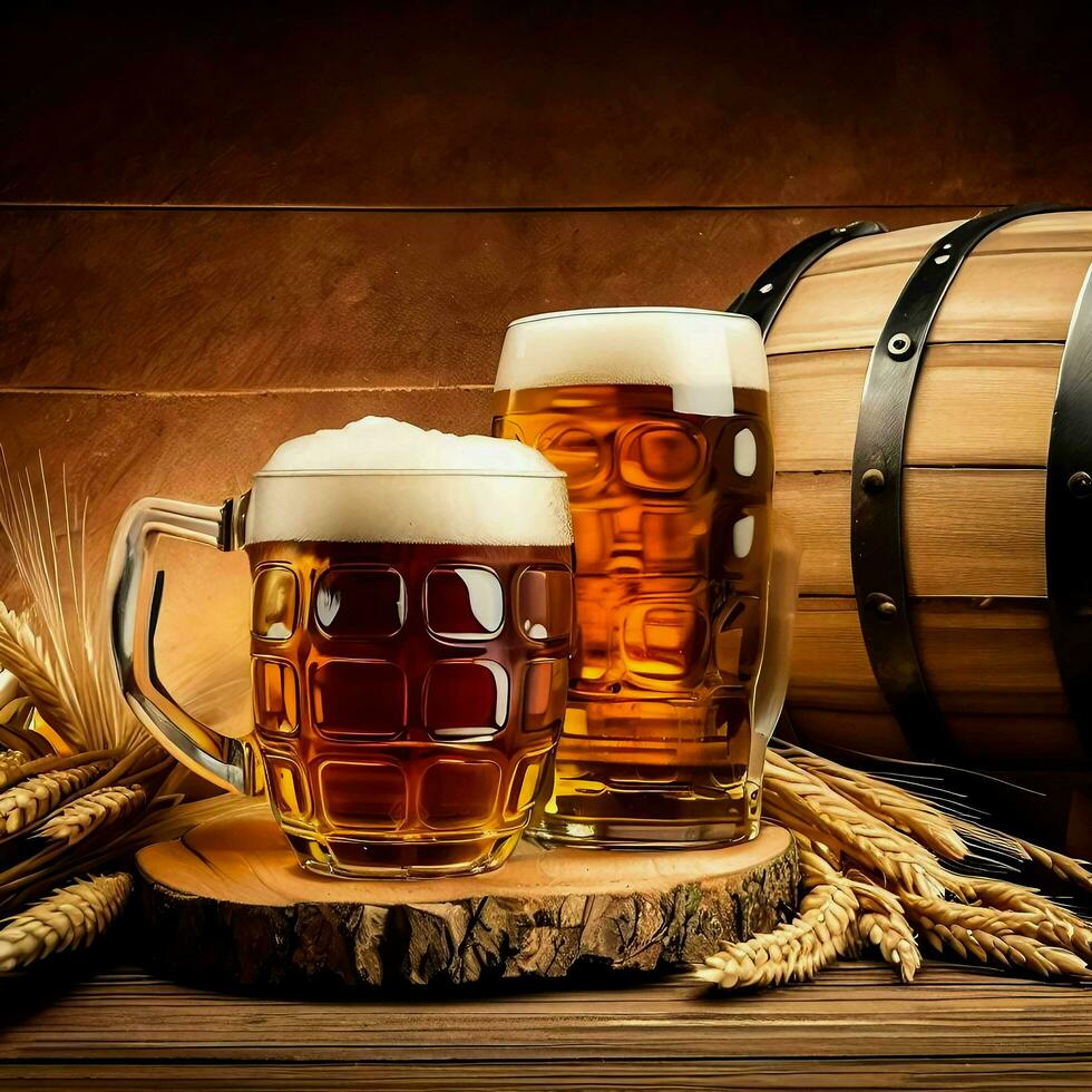 Glasses of beer wheat with wooden barrel, Ai Generative photo