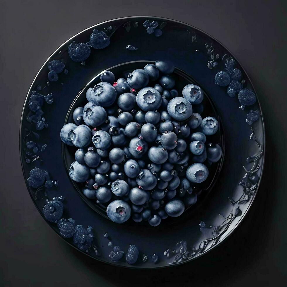 A plate of blueberries on black background, top view, Ai Generative photo