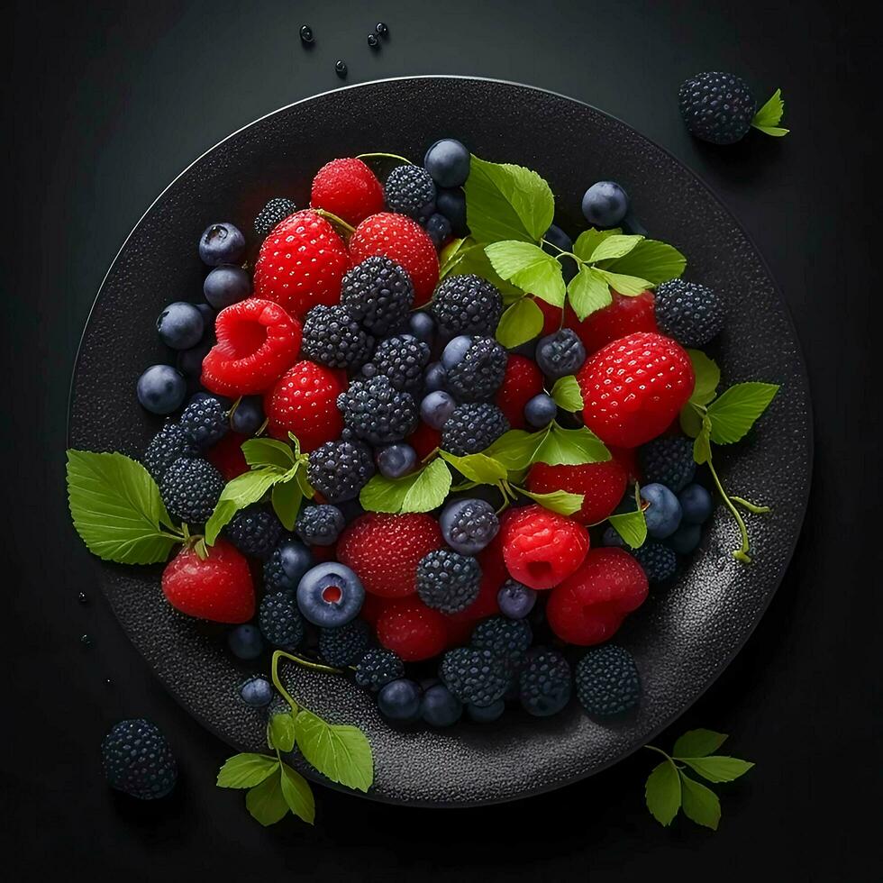 A plate of berries on black background, top view, Ai Generative photo