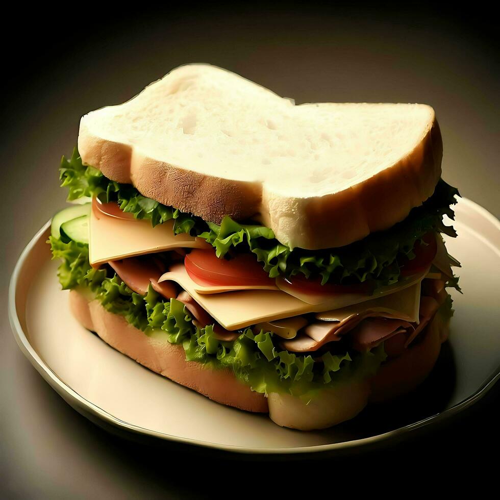 Sandwich with lettuce, sausage, cheese, and tomato on a plate, Ai Generative photo