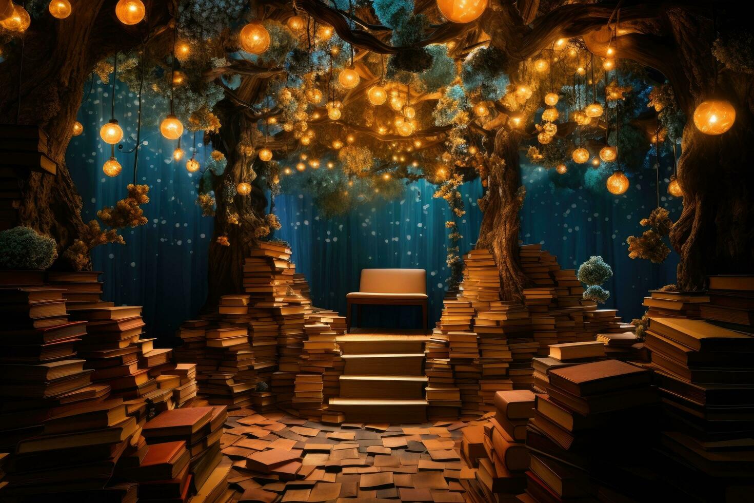 Magic forest with old books and light bulbs. 3D rendering, Enter a whimsical literary wonderland, where floating books create enchanting pathways of words and ideas, AI Generated photo