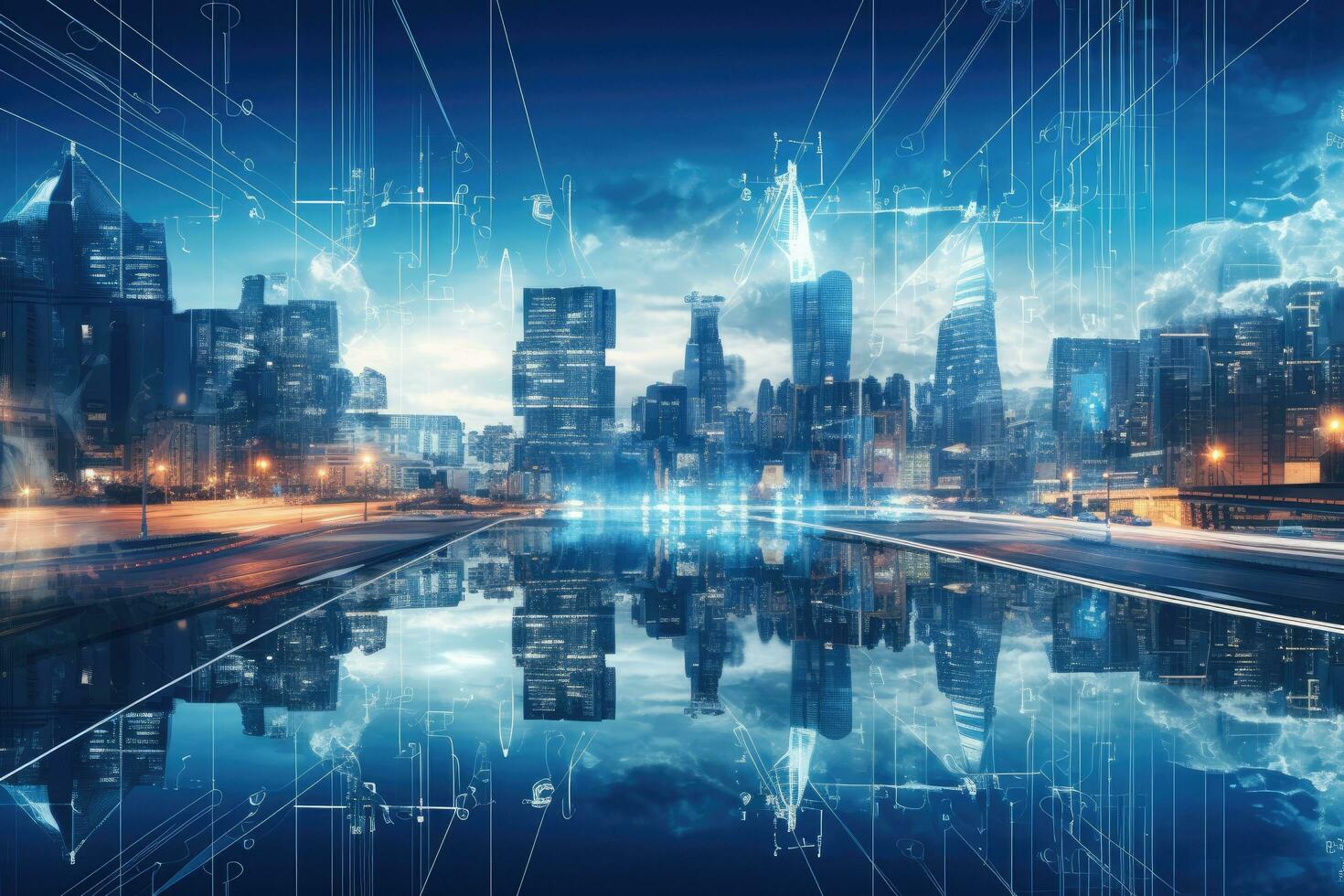 Cityscape at night with lights and high buildings, 3d rendering, Double exposure of cityscape and high technology network connection concept. Panoramic cityscape background, AI Generated photo