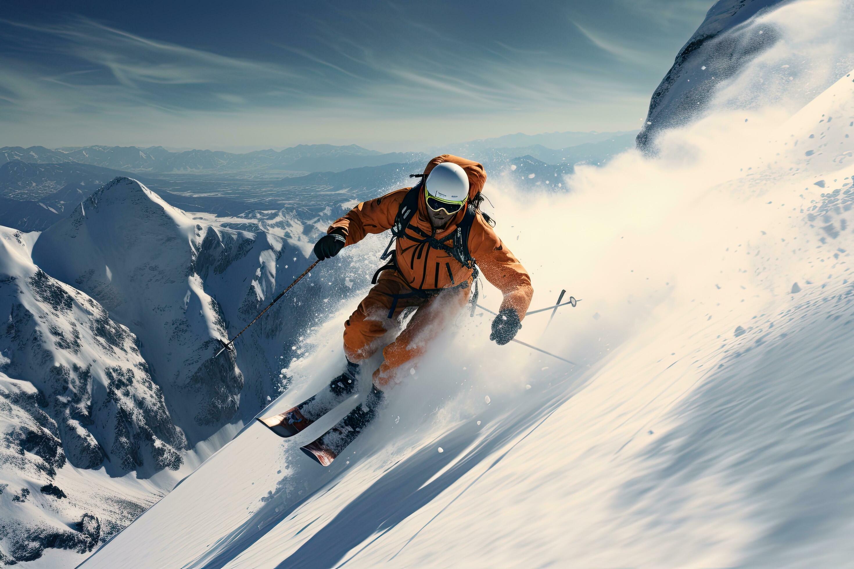 Skier skiing downhill in high mountains. Sport and active life