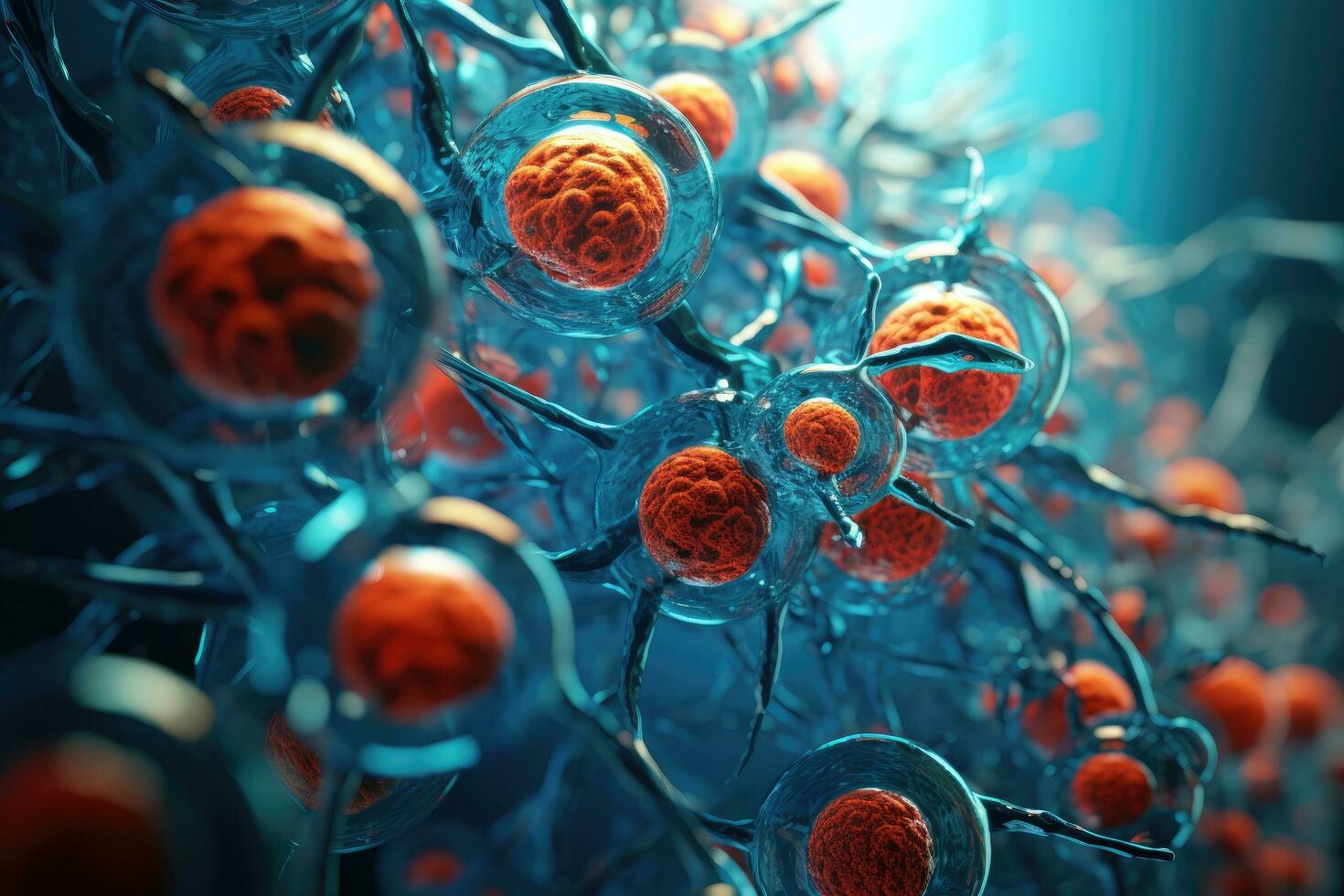 cáncer célula o tumor ilustración en alto detalles 3d hacer concepto para médico ciencia, explorar celular investigación, revelador intrincado estructuras y procesos a el microscópico nivel, ai generado foto