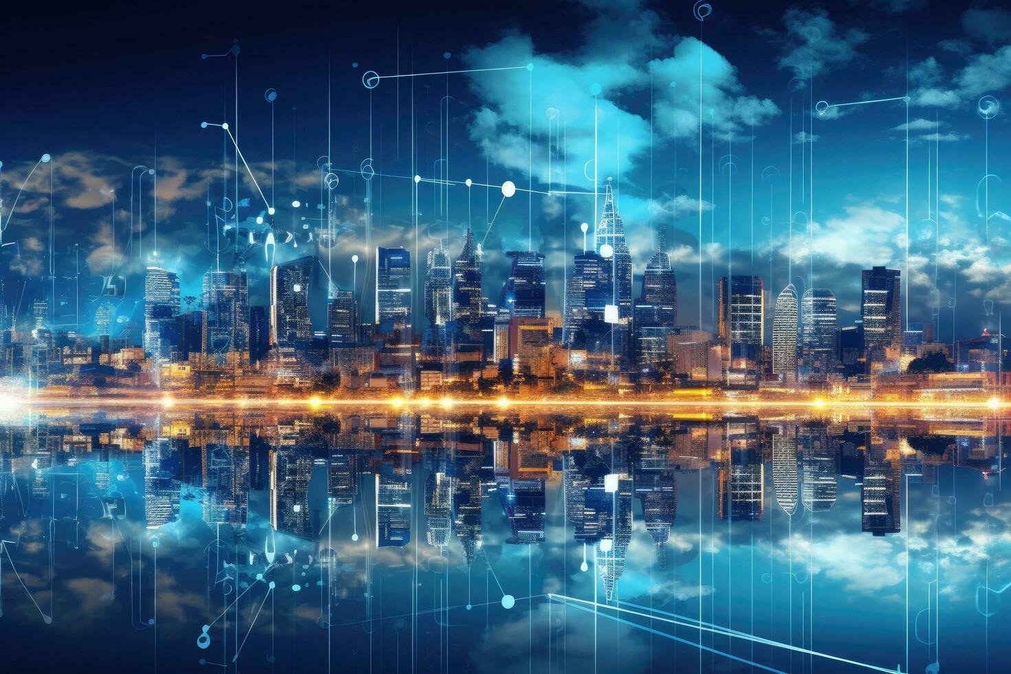 Cityscape with buildings and charts on the background of the night sky, Double exposure of cityscape and high technology network connection concept. Panoramic cityscape background, AI Generated photo