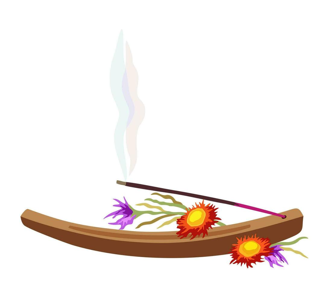 Incense stick on a wooden stand with dry flowers around. Vector isolated illustration