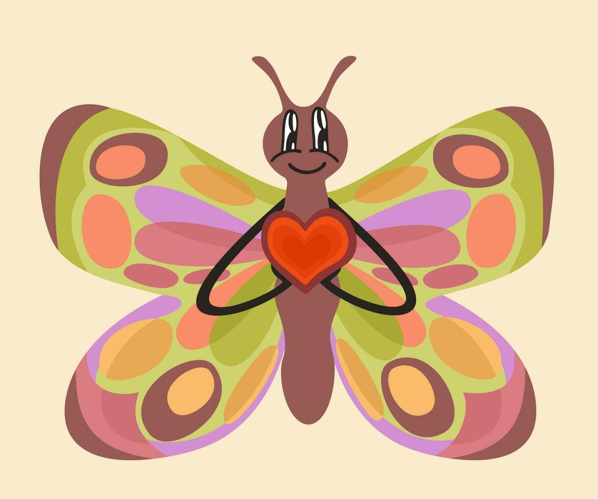 Groovy butterfly with heart. Retro cartoon character. Love concept. Vector isolated illustration.