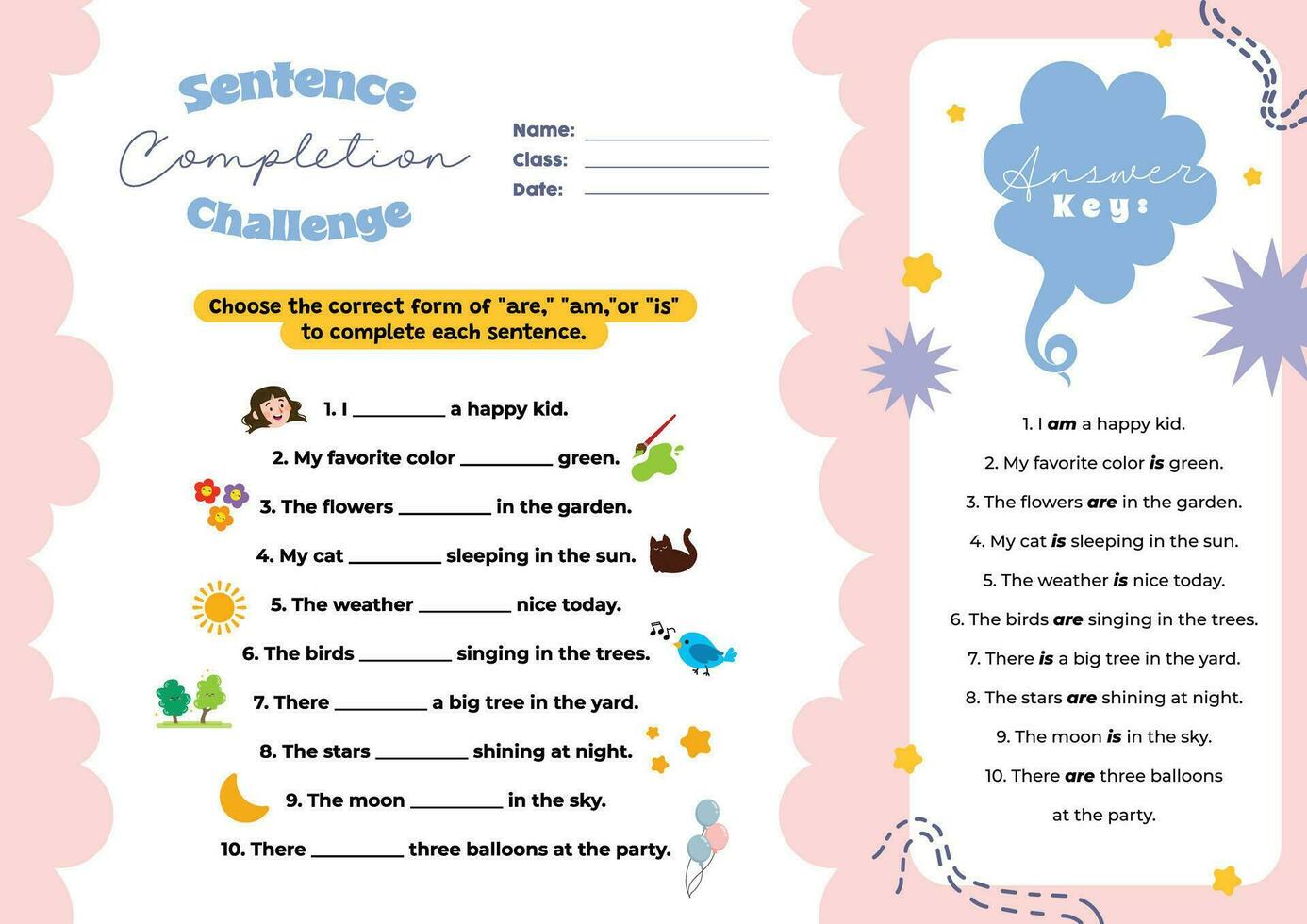 flat design vector sentence completion challenge printable worksheet for kids activity