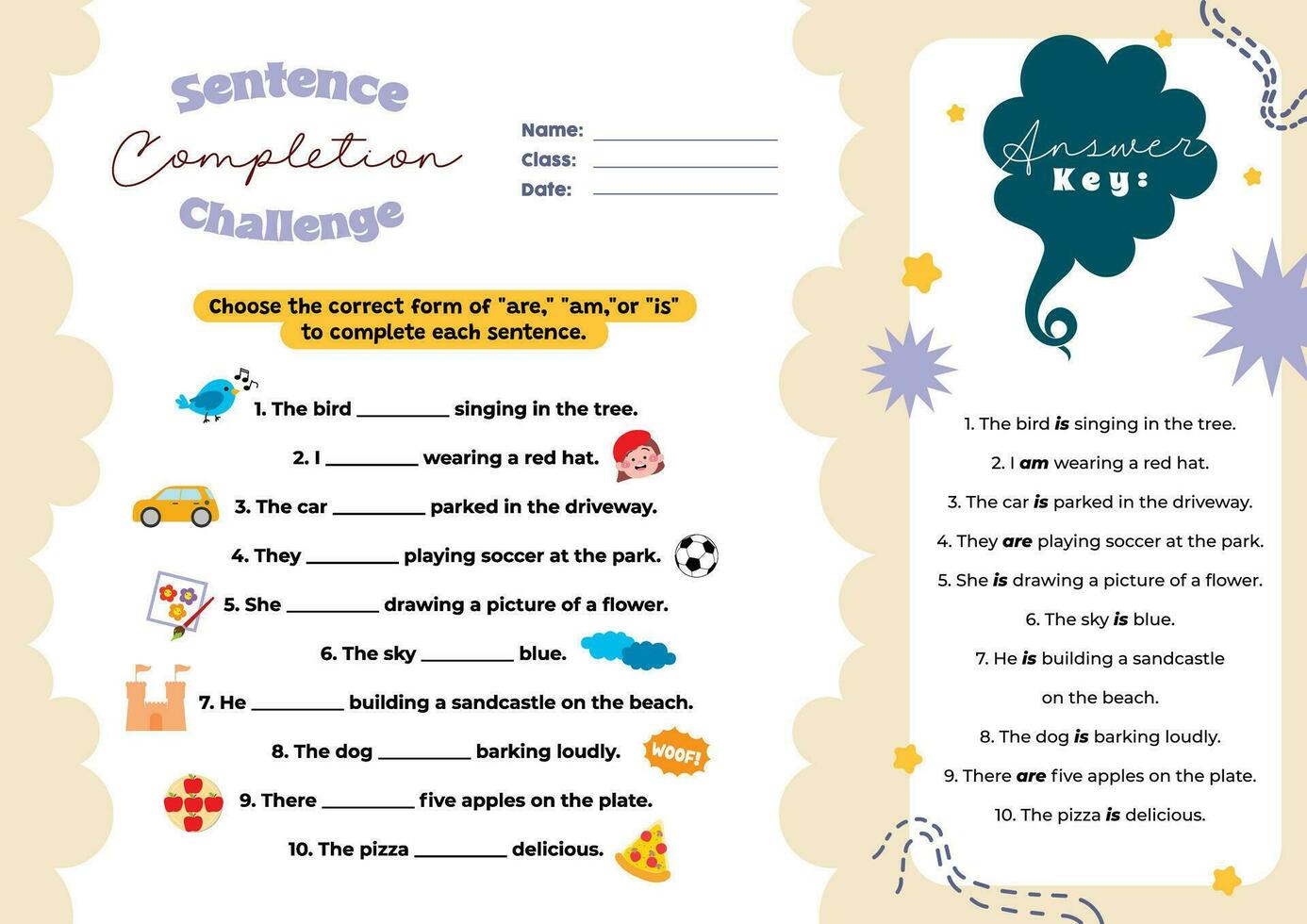 flat design vector sentence completion challenge printable worksheet for kids activity