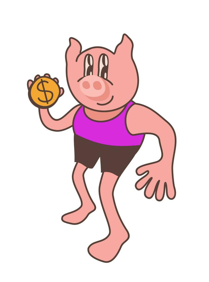 Pig with dollar coin. Retro cartoon vector illustration. Money box concept.