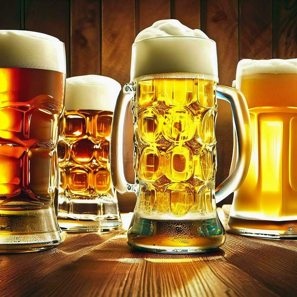 Glasses of beer wheat with wooden barrel, Ai Generative photo