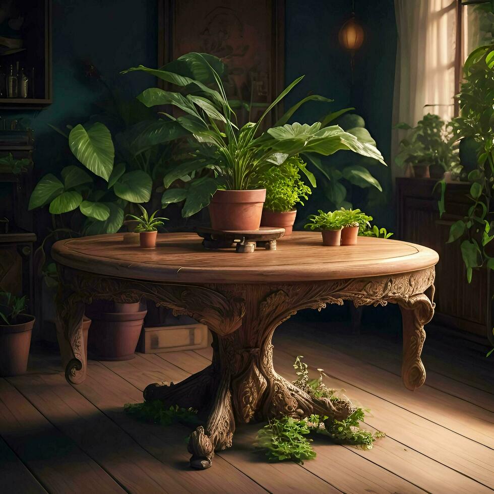 Professional photography of a plant sitting on top of a wooden table in a room, Ai Generative photo