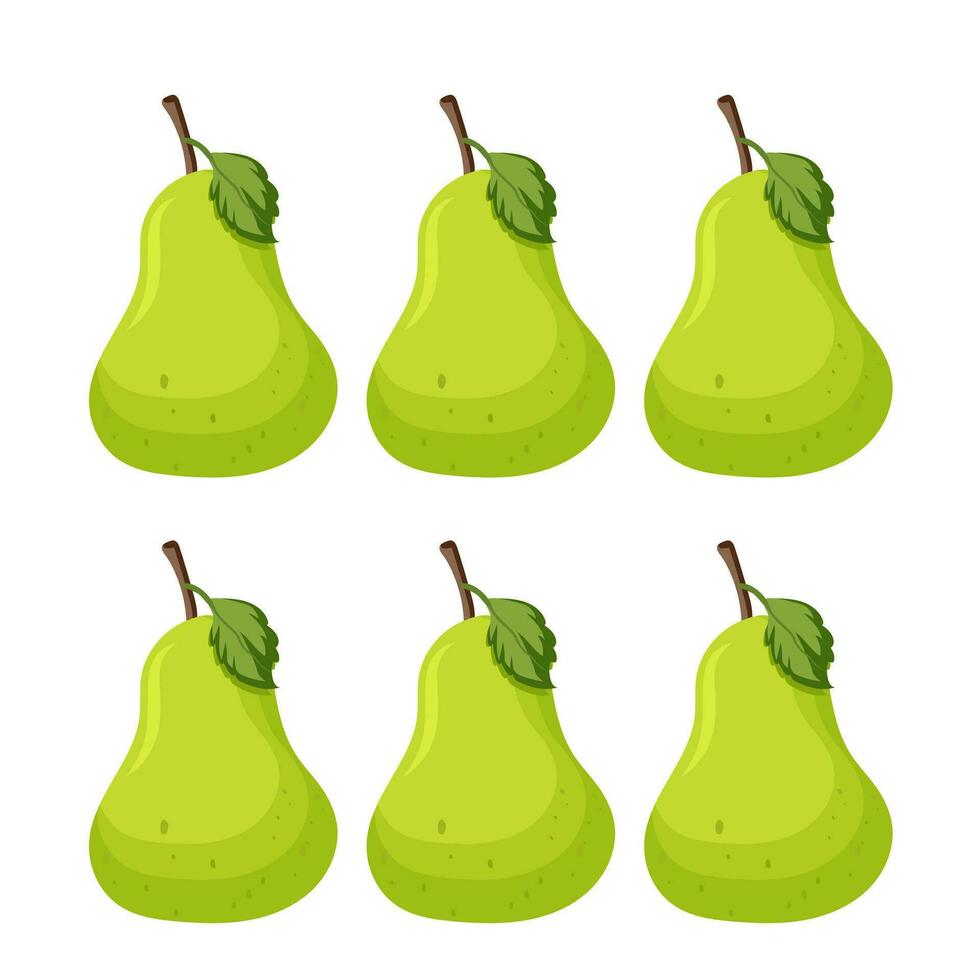 Set of Six Isolated green pear fruits on white background, Sweet pear seamless pattern. Organic healthy fruits background vector