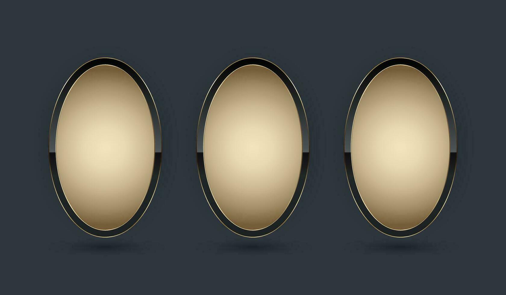 THREE Gold ellipse shape button vector illustration. 3 premium elegant design for empty oval emblem, medal or badge, isolated on black background
