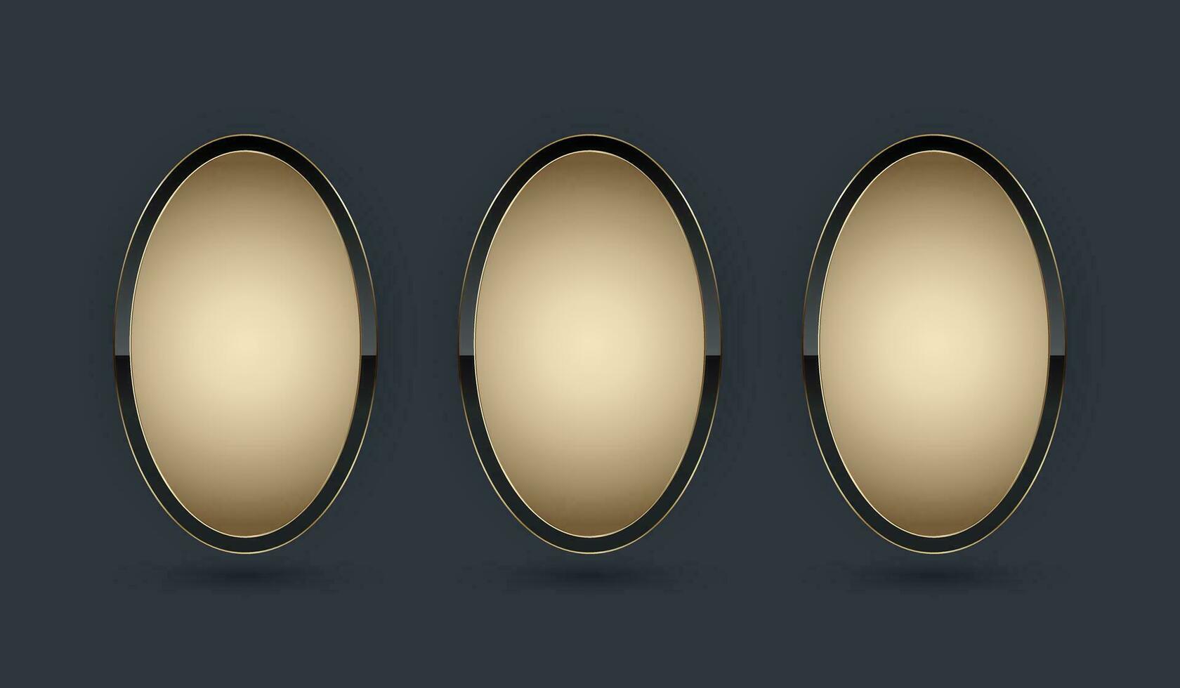 Tres oro elipse forma botón vector ilustración. 3 prima elegante diseño para vacío oval emblema, medalla o insignia, aislado en negro antecedentes