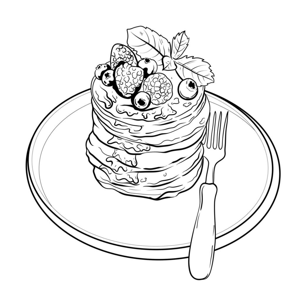 pancakes, pastries, sweets, tasty Breakfast in the vector graphics vintage pancake drawing. Hand drawn monochrome food illustration. Great for menu, poster or label.