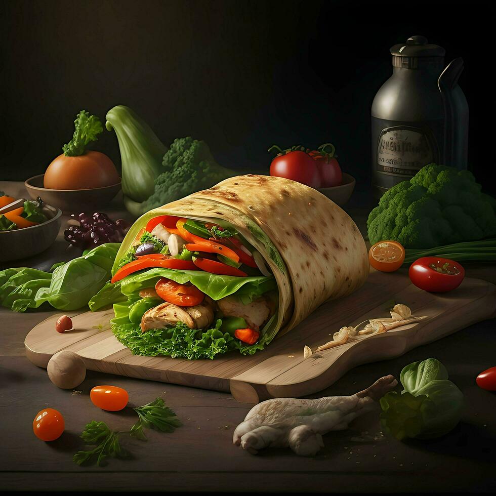 Freshness wrap with chicken and vegetables on a cutting board, Ai Generative photo