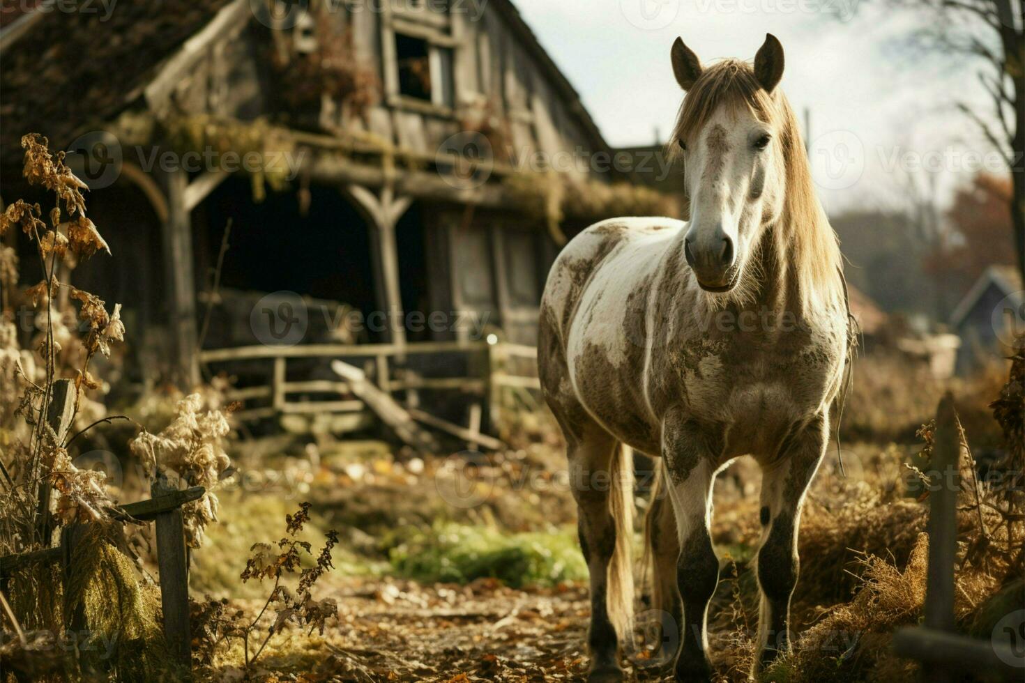 Outdoor scenes come alive with an endearing horse near the rustic barn AI Generated photo