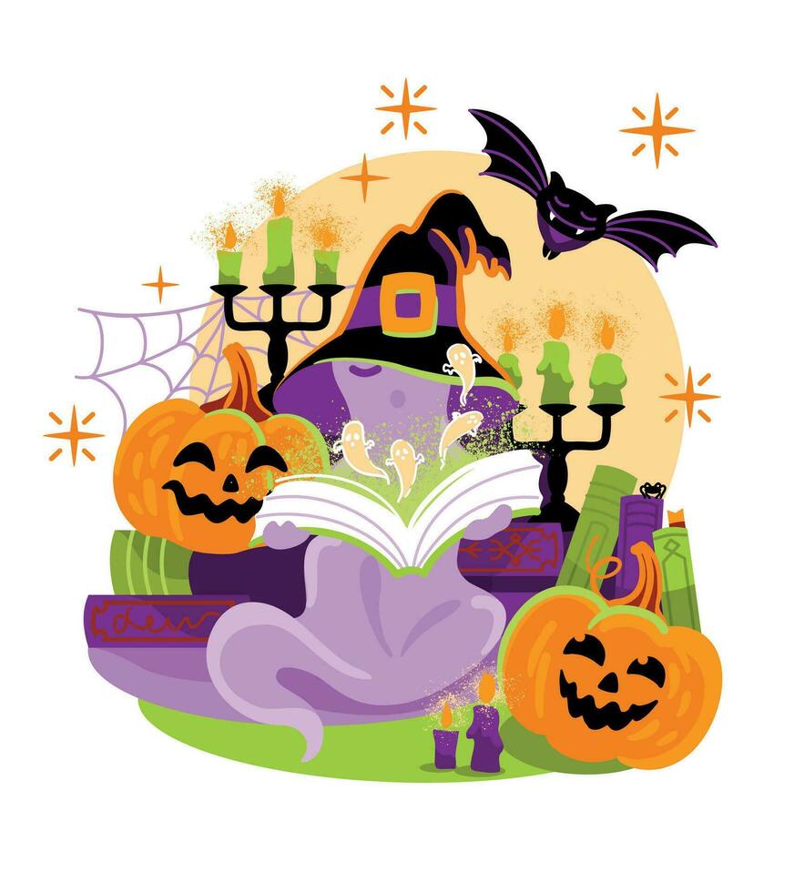 Cute ghost reading magic book. Halloween illustration. Vector. vector