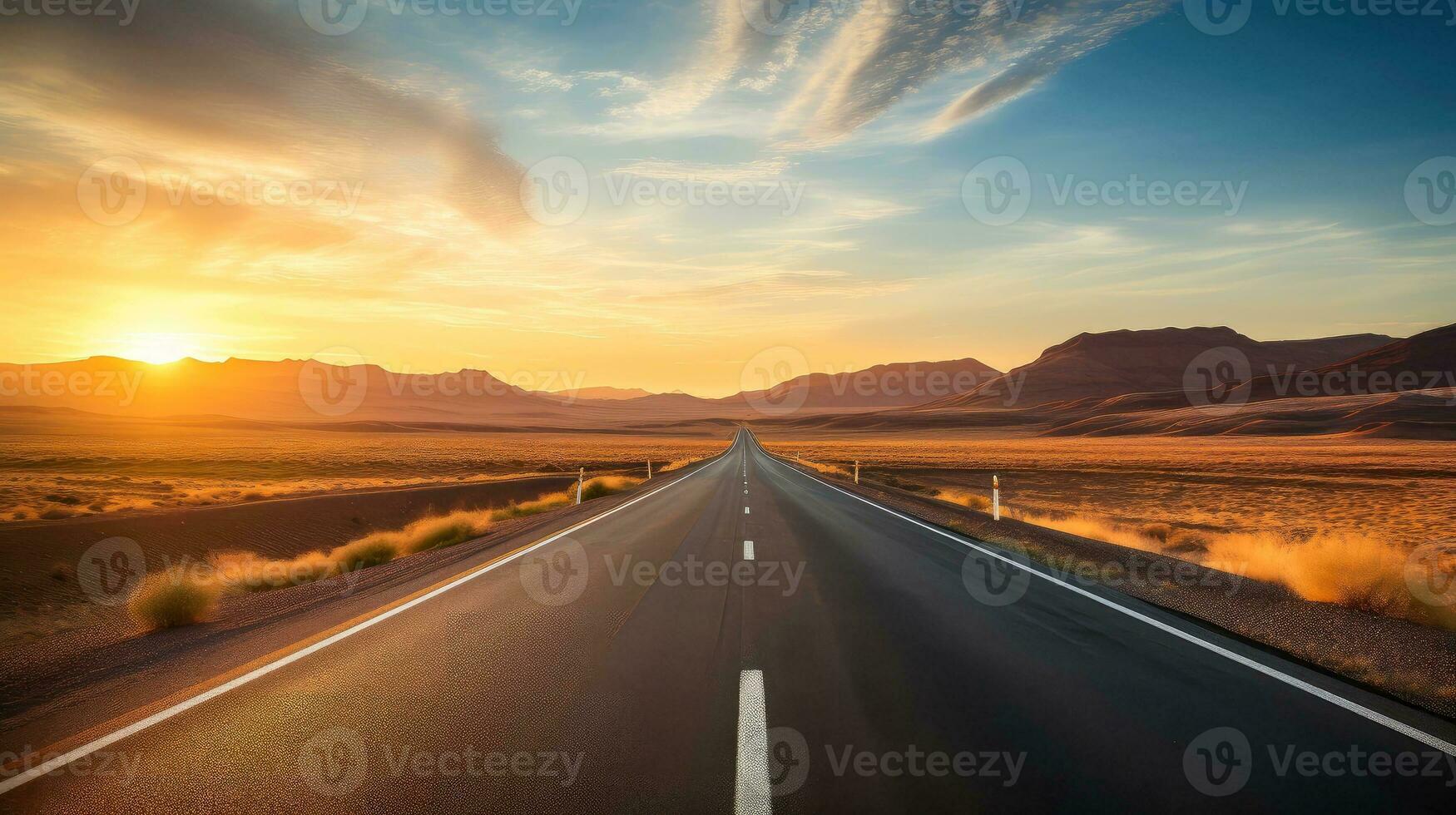 Landscape with country road, empty asphalt road on sunset background. Multicolor vibrant outdoors horizontal image, Generative AI illustration photo