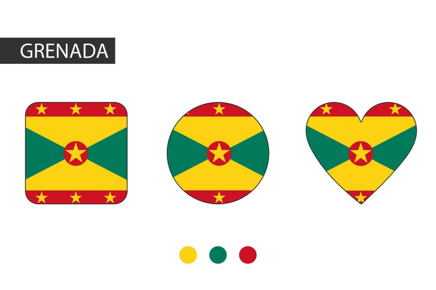 Grenada 3 shapes square, circle, heart with city flag. Isolated on white background. vector