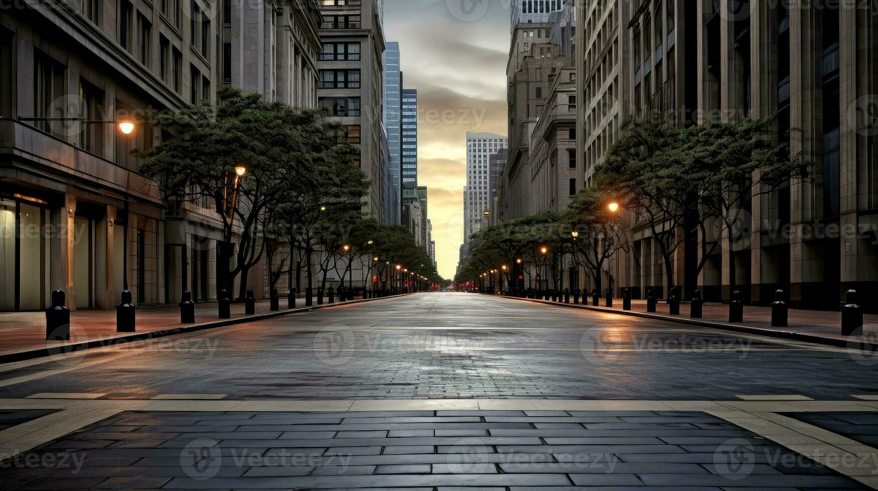 Classical architecture and urban roads, empty road in the city, Generative AI illustration photo