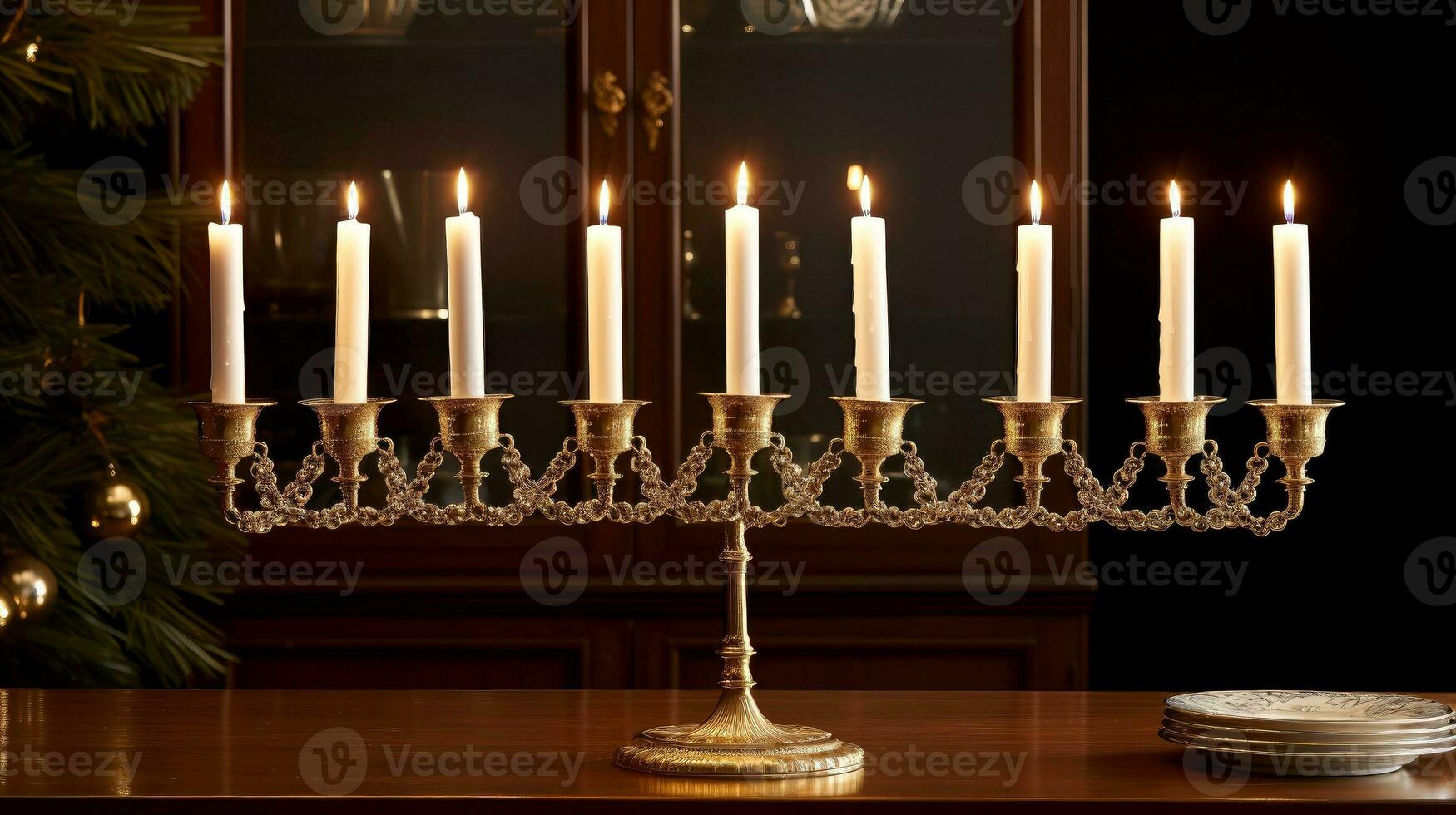 Hanukkah festive celebration concept, glow of the menorah with shining candles and star, Generative AI illustration photo