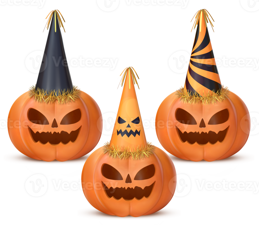 3D Rendering Halloween Pumpkins With Party Hats png