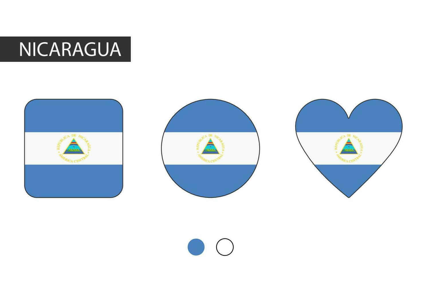 Nicaragua 3 shapes square, circle, heart with city flag. Isolated on white background. vector