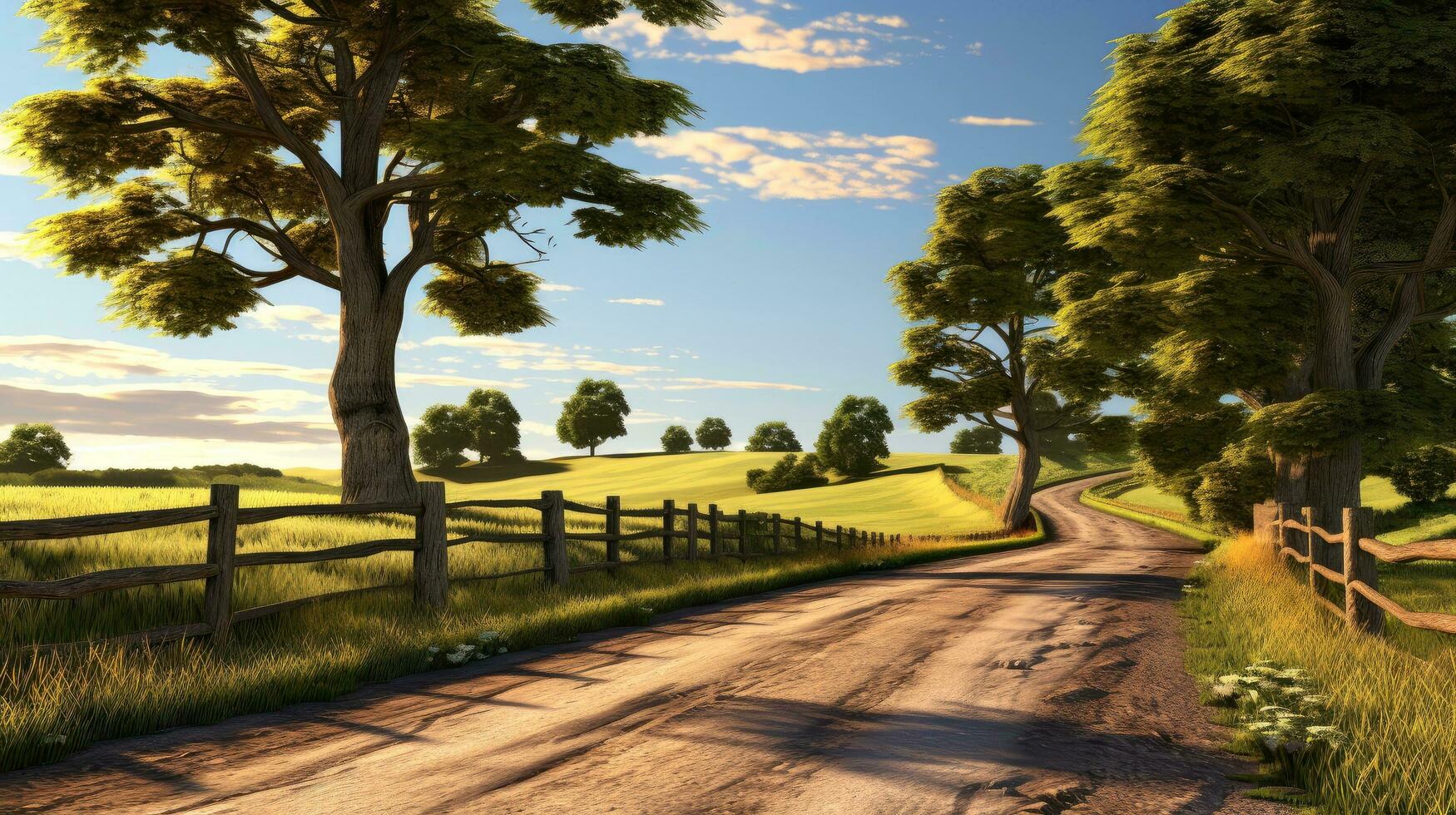 Mountain road. Landscape with rocks, sunny sky with clouds and beautiful asphalt road in the evening in summer. Highway in mountains, Generative AI illustration photo