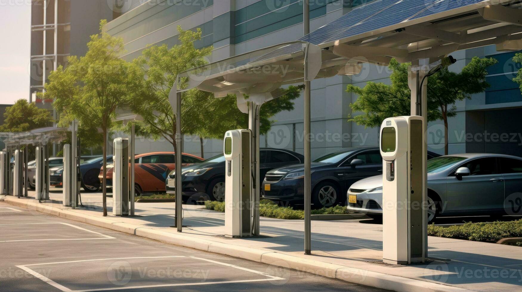 Electric car at futuristic charging station. Selected focusing. Eco alternative transport and battery charging technology concept, electric hybrid machine, Generative AI illustration photo