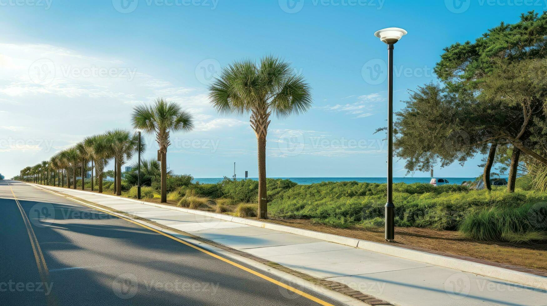 Empty asphalt road beside the sea background, highway beside the sea, outdoors horizontal image, Generative AI illustration photo