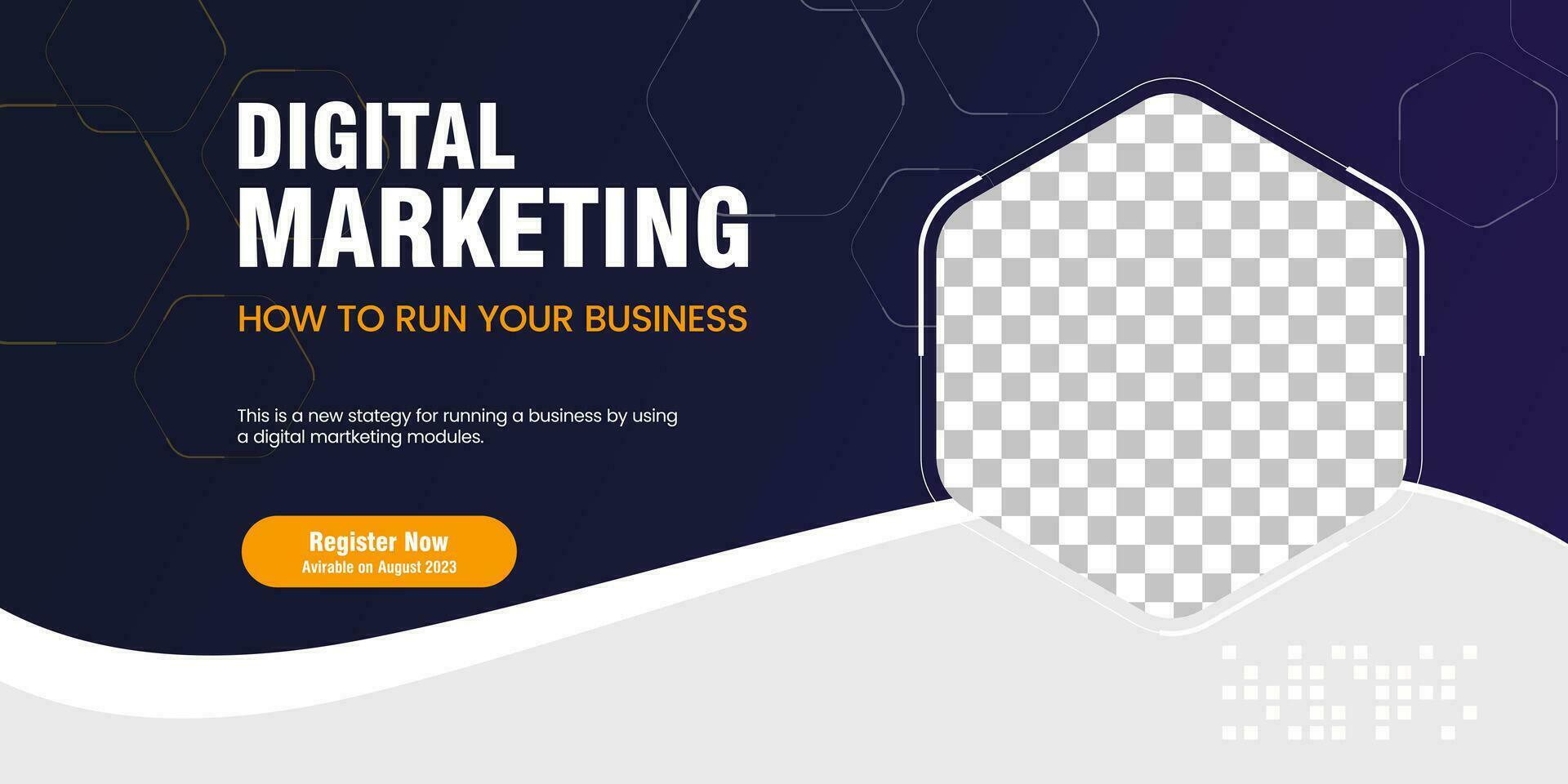 Digital marketing concept webinar horizontal banner template design. Abstract curve banner design with black and white background and yellow frame shape vector