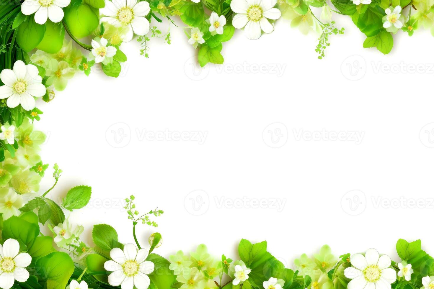 Floral border frame card template. green flowers, leaves, for banner, wedding card. Springtime composition with copy-space, Generative AI illustration photo