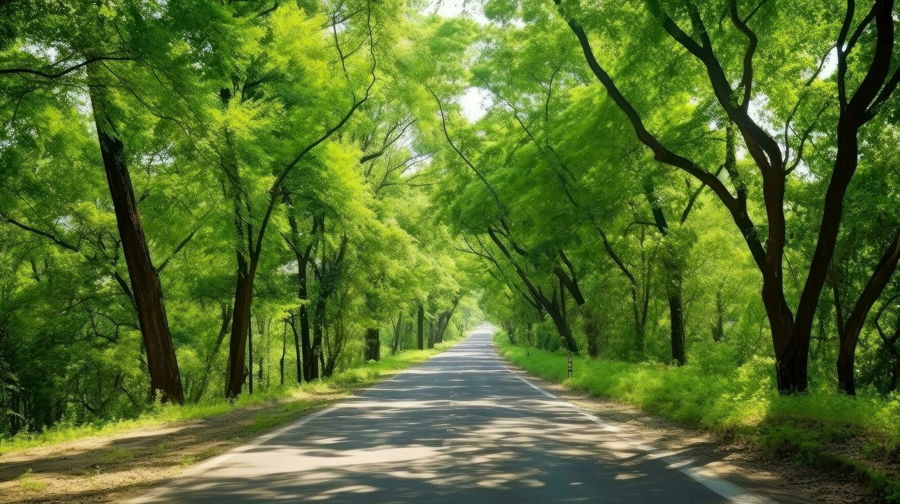 Path way through the autumnal forest natural way, road to the tropical forest field, relaxing with ecological environment, freedom lifestyle concept, Generative AI illustration photo