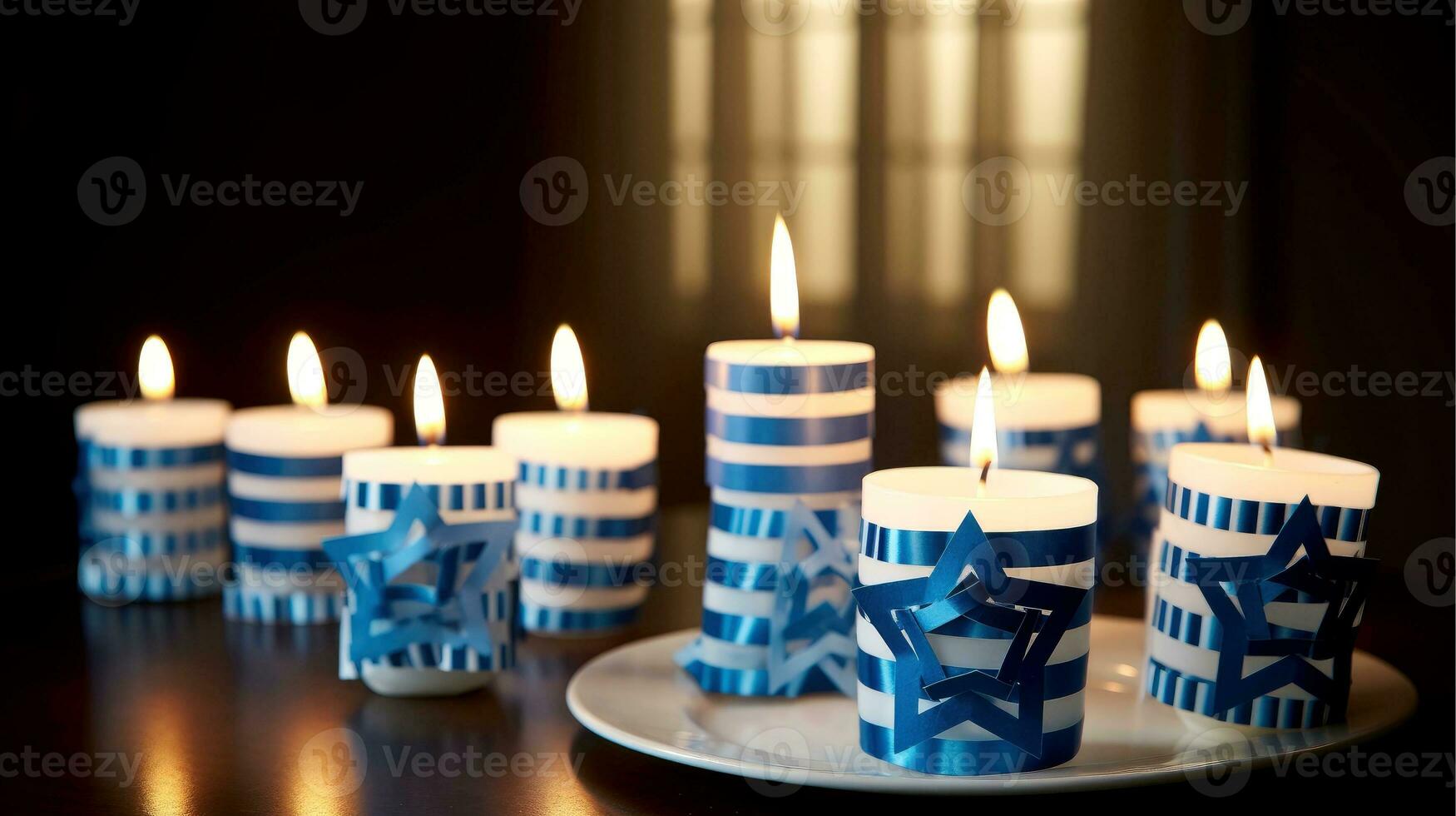Hanukkah festive celebration concept, glow of the menorah with shining candles and star, Generative AI illustration photo