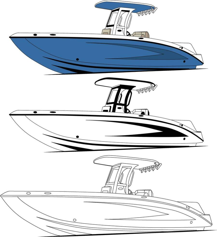 Boat vector, motorboat vector line art illustration.