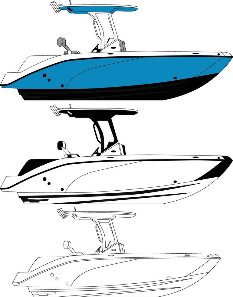 Boat vector, motorboat vector line art illustration.