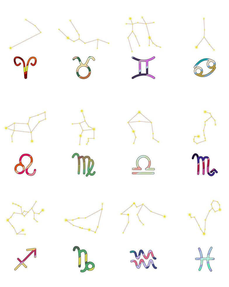 Set Zodiac signs, Colorful zodiacs, Icons for the design of Esoteric with Constellations, astrologic maps, calendars. Vector elements on White background. The color of the element of the month.