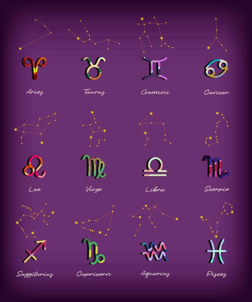 Set Zodiac signs, Colorful zodiacs, Icons for the design of Esoteric with Constellations, astrologic maps, calendars. Vector elements on Purple background. The color of the element of the month