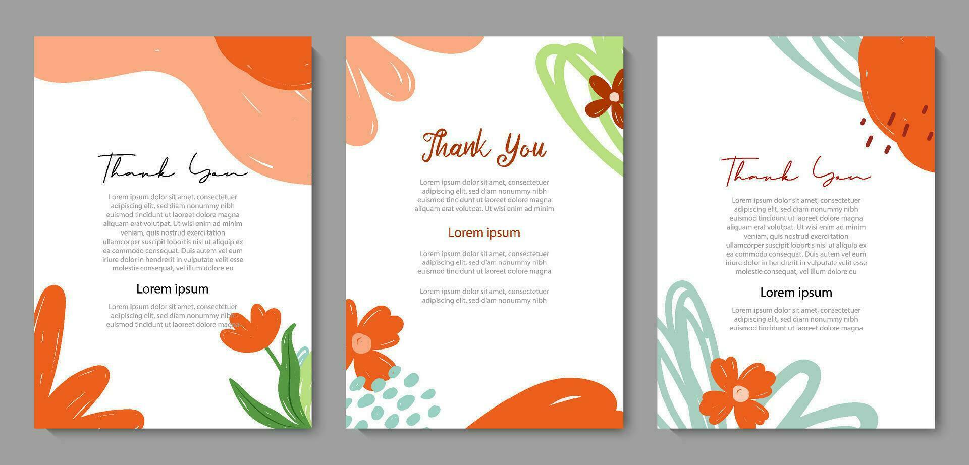 Set of abstract flowers and leaves templates. Thank you lettering greeting template background. vector