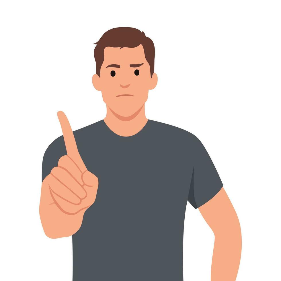 Young man frustrated and pointing to the front. vector