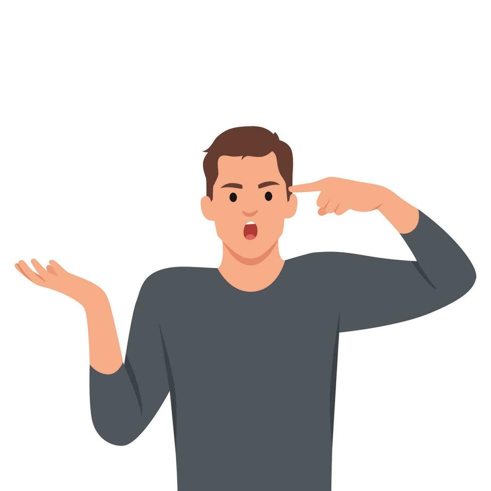 Angry young man making crazy gesture with one finger arm up. Pointing his head. vector