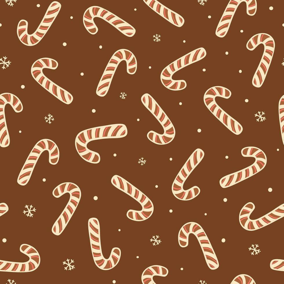 Christmas sweet candy canes seamless pattern hand drawn with gingerbread cookies, snowflakes, polka dots. Vector Christmas dessert print, repeat background, tasty wallpaper, wrap paper, package design