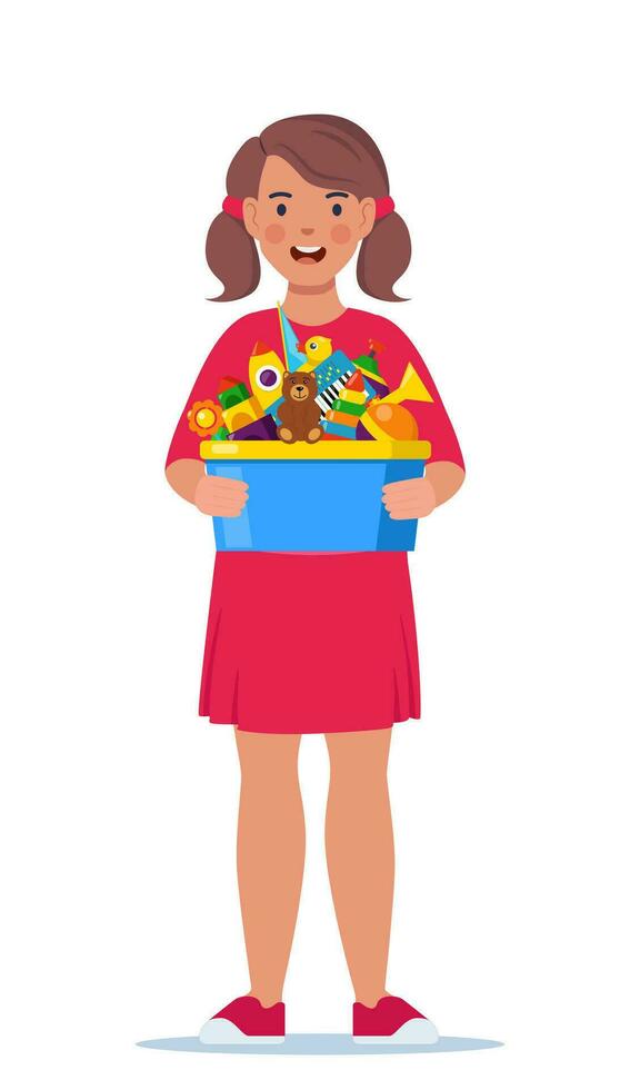 Happy girl kid holding toy box full of toys. Cubes, whirligig, duck, ball rattle, pyramid, pipe, bear, ball, rocket, tambourine, boat. Vector illustration.