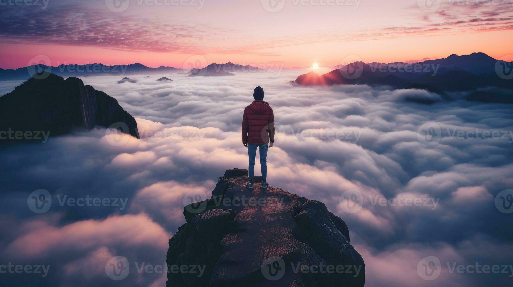 Human watching spectacular view of mists,  Aerial view White clouds in sky. Aerial top view cloud scape, Generative AI illustration photo