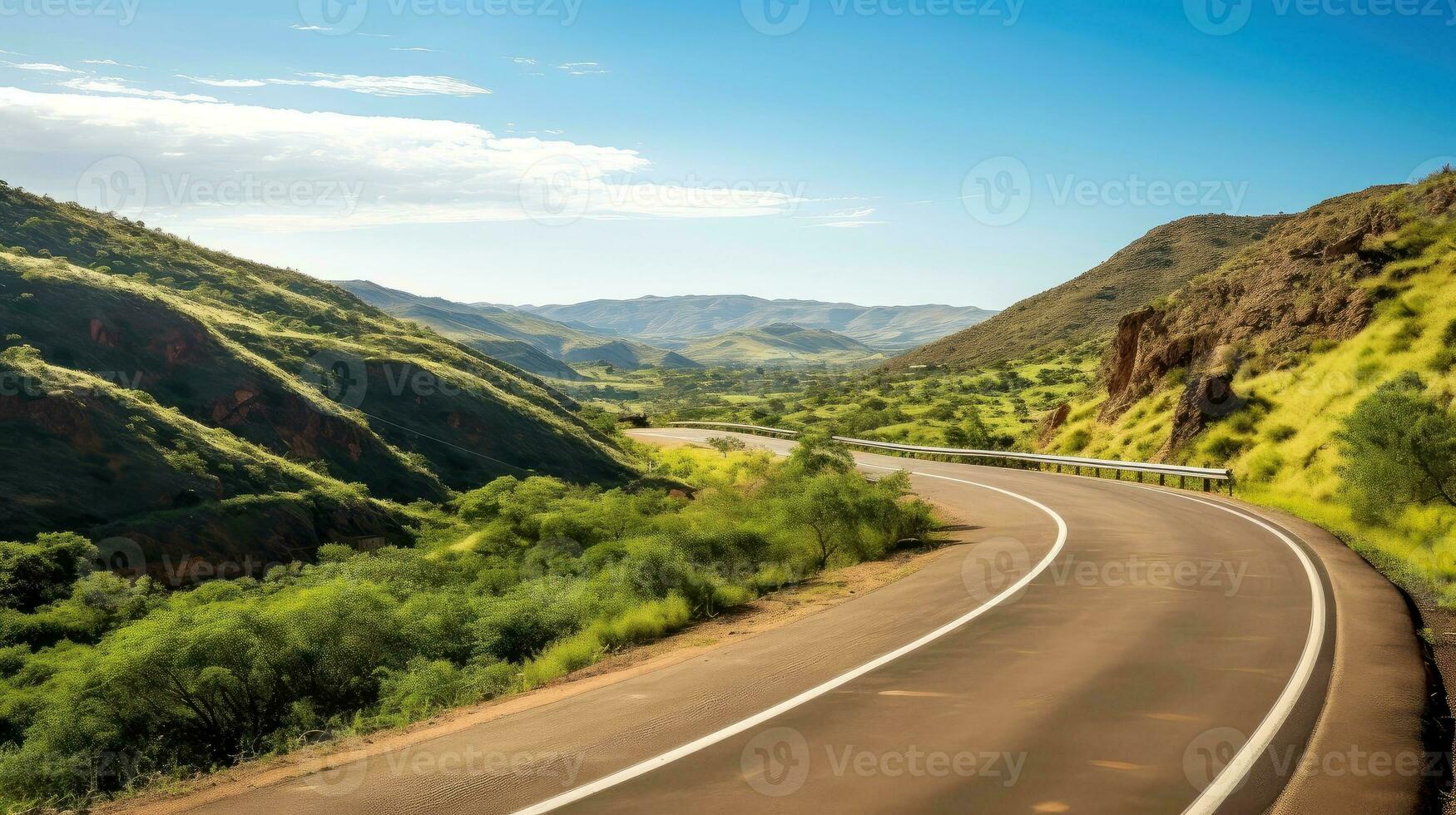 Mountain road. Landscape with rocks, sunny sky with clouds and beautiful asphalt road in the evening in summer. Highway in mountains, Generative AI illustration photo