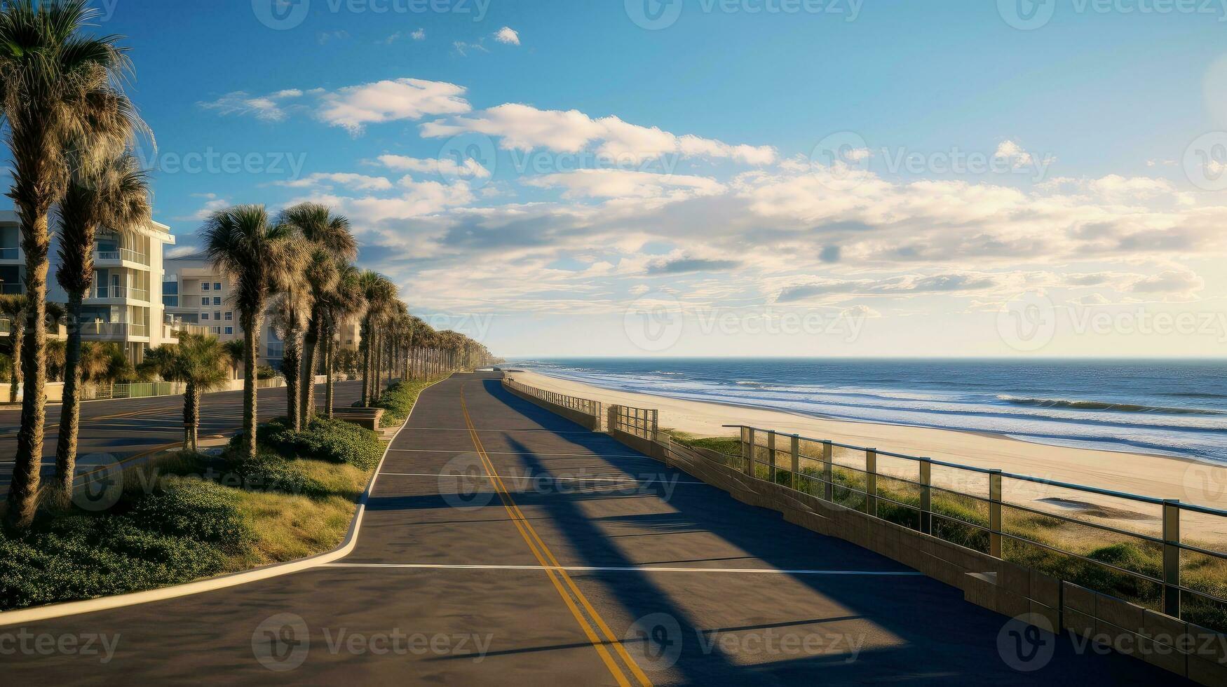 Empty asphalt road beside the sea background, highway beside the sea, outdoors horizontal image, Generative AI illustration photo